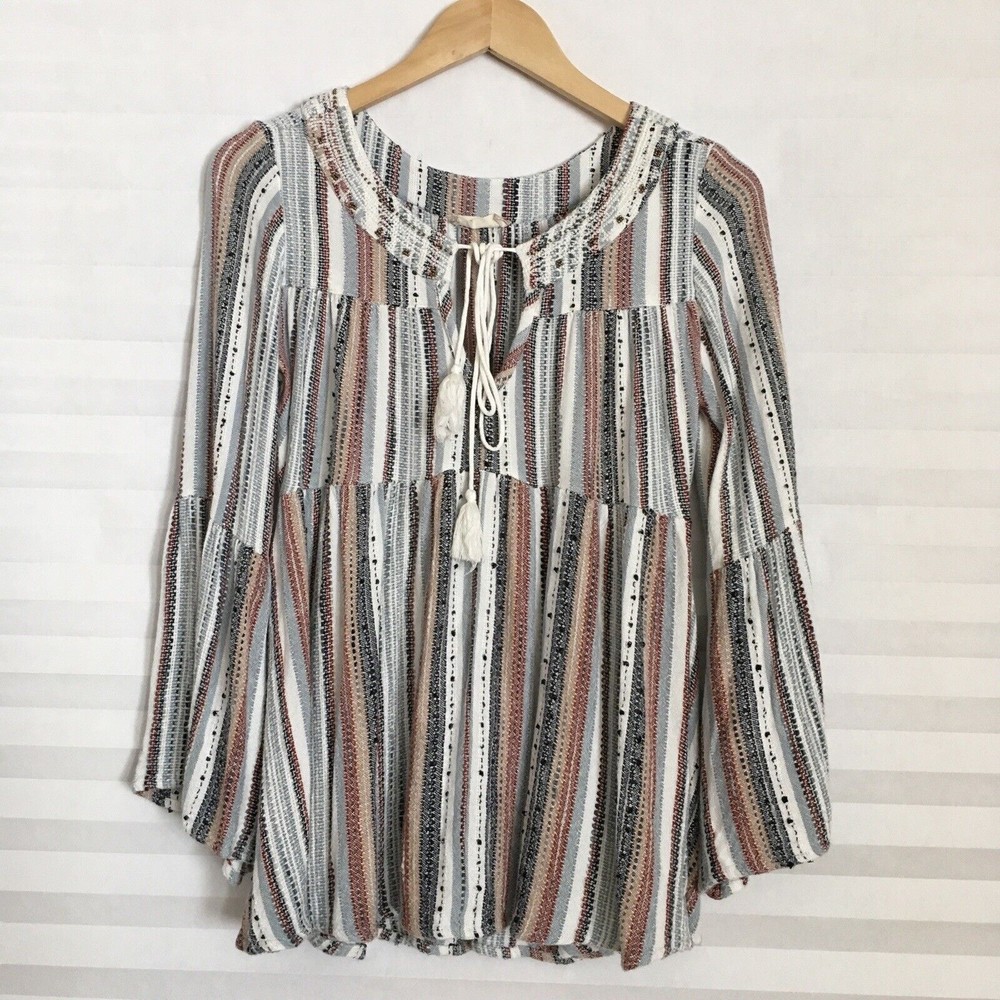 Altar'd State Womens Top Blouse Size M Striped Boho Bohemian Hippie Bell Sleeve